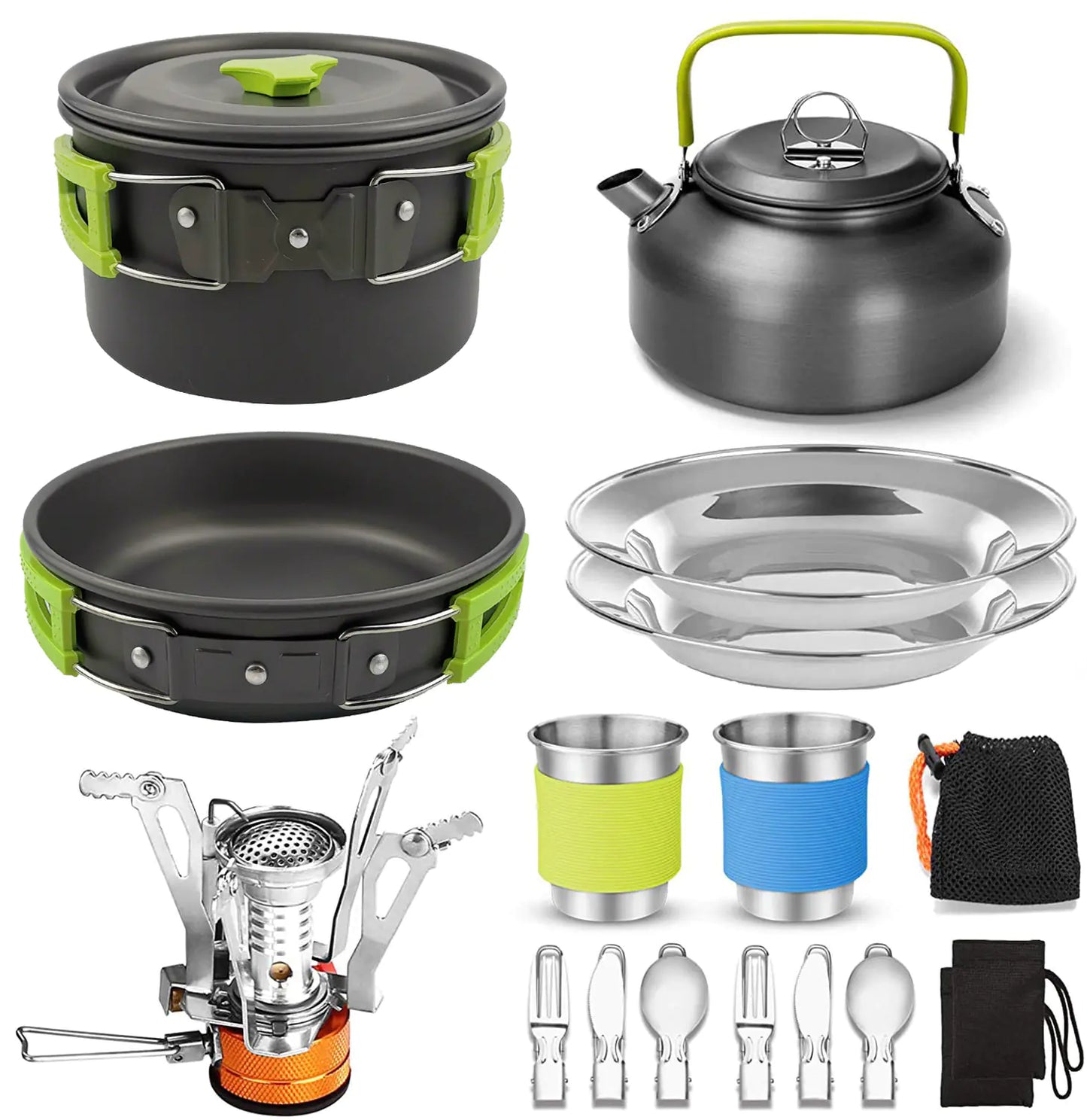 Outdoor Cooking Gear Set with Stove, Pot, and Teapot
